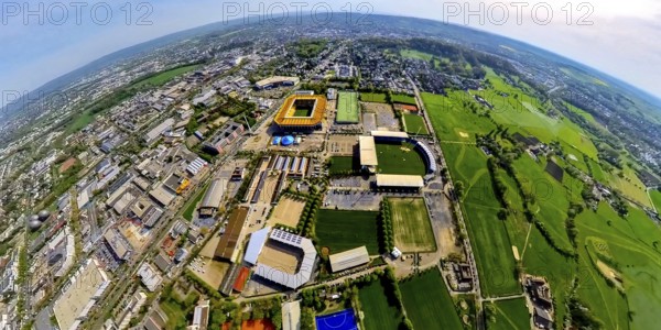 Aerial view, Aachener Tivoli, football stadium in Sportpark Soers, home ground of football club Alemannia Aachen, Circus-Theatre Roncalli circus tents, Chio Aachen stadium for equestrian tournament, Deutsche Bank stadium Chio Aachen grounds, globe, fisheye image, 360 degree image, tiny world, little planet, fisheye image, Laurensberg, Aachen, Lower Rhine, North Rhine-Westphalia, Germany, football stadium, Sportpark Soers, Alemannia Aachen, Circus-Theatre Roncalli, circus tent, Chio Aachen, equestrian sports, tournament, Deutsche Bank Stadium, fisheye, 360 degree, tiny world, little planet, home ground, football club, tents, terrain, fisheye shot, city, sport, event, leisure, architecture, urban, panorama