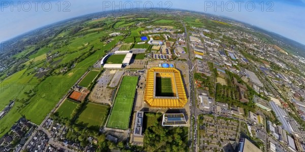 Aerial view, Aachener Tivoli, football stadium in Sportpark Soers, home ground of football club Alemannia Aachen, Circus-Theatre Roncalli circus tents, Chio Aachen stadium for equestrian sports tournament, Deutsche Bank stadium Chio Aachen grounds, globe, fisheye image, fisheye image, 360 degree image, tiny world, little planet, fisheye image, Laurensberg, Aachen, Lower Rhine, North Rhine-Westphalia, Germany, football stadium, Sportpark Soers, home ground, football club, Alemannia Aachen, Circus-Theatre Roncalli, circus tent, Chio Aachen Stadium, equestrian sport, tournament, Deutsche Bank Stadium, Chio Aachen, fisheye, fisheye shot, sport, culture, equestrian tournament, event location, cityscape, panorama, architecture, urban, leisure time
