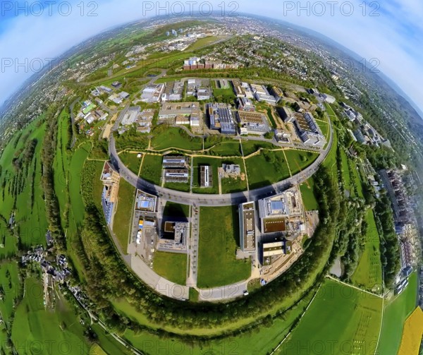 Aerial view, Rheinisch-Westfälische Technische Hochschule Aachen, University RWTH Campus Melaten Nord, scientific research location, campus boulevard, earth globe, fisheye image, fisheye image, 360 degree image, tiny world, little planet, fisheye image, Vaalserquartier, Aachen, Lower Rhine, North Rhine-Westphalia, Germany, RWTH Campus Melaten Nord, fisheye image, 360-degree image, university, research, education, architecture, city view, urban, panorama, innovative, technology, science, educational institution, university campus, green spaces, trees, streets, buildings, modern, perspective, technology