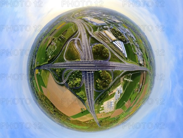 Aerial view, motorway junction Aachen, motorway A4 and motorway A44, globe, fisheye image, fisheye image, 360 degree image, tiny world, little planet, fisheye image, Haaren, Aachen, Lower Rhine, North Rhine-Westphalia, Germany, motorway A4, motorway A44, fisheye image, 360-degree shot, Tiny World, Little Planet, fisheye image, roads, traffic, infrastructure, traffic junction, perspective, circular, distortion, overview, top view, technology, photography, art, creativity, city, urban, landscape, unusual, design, panorama