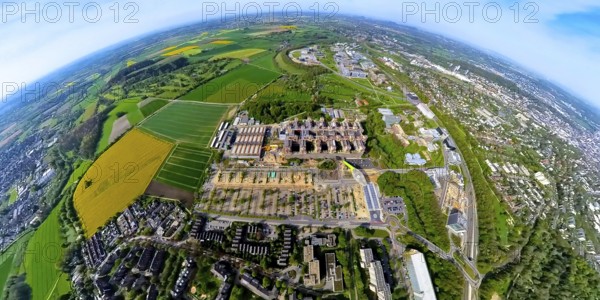 Aerial view, Rheinisch-Westfälische Technische Hochschule Aachen, University RWTH Campus Melaten Süd, university hospital, scientific research location, Pauwelsstraße, globe, fisheye image, fisheye image, 360 degree image, tiny world, little planet, fisheye image, Vaalserquartier, Aachen, Lower Rhine, North Rhine-Westphalia, Germany, university, RWTH Campus Melaten Süd, scientific, research location, fisheye, 360 degree, tiny world, little planet, fisheye image, education, architecture, city view, urban, teaching, healthcare, innovation, technology, panorama, educational institution, university building, medical facility, city district