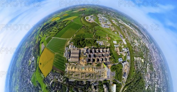 Aerial view, Rheinisch-Westfälische Technische Hochschule Aachen, University RWTH Campus Melaten Süd, university hospital, scientific research location, Pauwelsstraße, earth globe, fisheye image, fisheye image, 360 degree image, tiny world, little planet, fisheye image, Vaalserquartier, Aachen, Lower Rhine, North Rhine-Westphalia, Germany, RWTH, Campus Melaten Süd, fisheye image, 360-degree image, tiny world effect, little planet effect, fisheye effect, education, research, architecture, urban planning, university, healthcare, science, technology, aerial photography, panorama, perspective, cityscape, city, urban