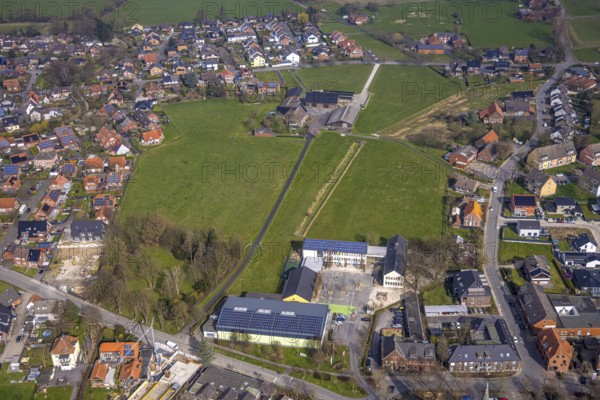 Aerial view, meadow area and planned building area between Hof Northoff and catholic Lambertischule primary school, Lambertistrasse Lambertischule primary school, Lambertistraße, residential area, Ahlen, Dolberg, Ruhr area, Germany, meadow area, planned building area, Hof Northoff, catholic Lambertischule, primary school, fields, green areas, development, urban planning, development, infrastructure, landscape, urbanisation, planning, city, settlement, building project, aerial view, architecture, school, educational institution, municipality, housing, spatial planning, green zone, rural, urban, educational institution, land use, redesign
