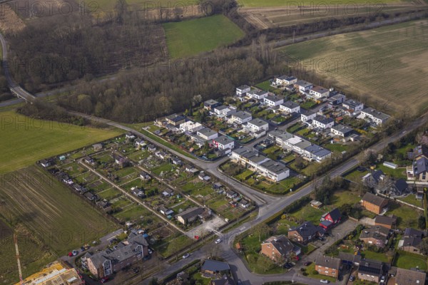 Aerial view, new housing estate between Spechtweg and Pfauenstraße, with Vogel street names, allotment garden association Zur Quelle Dolberg, Ahlen, Dolberg, Ruhr area, Germany, new building, housing estate, Spechtweg, Pfauenstraße, Vogel street names, allotment garden association, Zur Quelle Dolberg, building project, urbanisation, urban development, residential area, architecture, infrastructure, planning, civilisation, houses, streets, gardens, settlement, living space, new housing estate, landscape, development, aerial view, perspective, living, community, neighbourhood, development, green spaces, quality of life, construction, city, housing construction