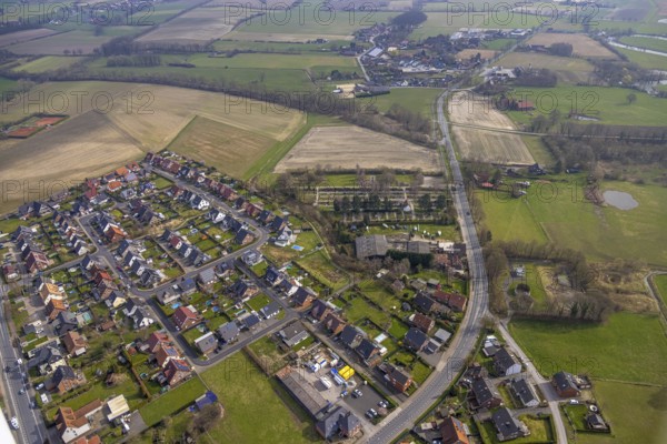 Aerial view, residential area and cemetery Dolberg cemetery at the Uentroper Straße, meadows and fields, boatyard Gerhard Bicker GmbH, behind the district Ostdolberg, Ahlen, Dolberg, Ruhr area, Germany, residential area, cemetery, cemetery, Uentroper Straße, meadows, fields, boatyard, Gerhard Bicker GmbH, Ostdolberg, district, landscape, overview, settlement, nature, development, trade, industry, village, green spaces, agriculture, rural, cemetery view, aerial view, European, graves, tranquillity, recreation area, municipality, urban, dead, commemoration, company, production, craft, watercraft