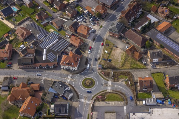 Aerial view, residential area and new roundabout Alleestraße and Uentroper Straße, solar roof on a building, Ahlen, Dolberg, Ruhr area, Germany, residential area, roundabout, Alleestraße, Uentroper Straße, solar roof, buildings, streets, houses, architecture, infrastructure, urban, planning, development, aerial view, traffic, environment, green, roofs, settlement, sustainability, energy, technology, environmental protection, city, networking, perspective, buildings, road layout, intersection, residential buildings, urban planning, landscape, traffic junction, solar system, development, urban planning