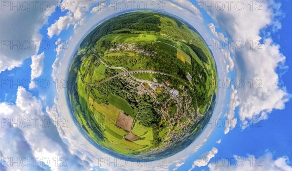 Aerial view, Altenbekener Viaduct, Adenauerstraße, railway viaduct bridge construction, also called Bekeviaduct or Great Viaduct, residential area Am Stapelsberg with meadows and fields, earth globe, fisheye image, 360 degree image, tiny world, little planet, fisheye image, Altenbeken, East Westphalia, North Rhine-Westphalia, Germany, railway viaduct, bridge construction, Bekeviaduct, large viaduct, residential area, Stapelsberg, meadows, fields, architecture, railway, panorama, perspective, landscape, village, infrastructure, bridge, rural, construction, engineering, transport, railway bridge, region