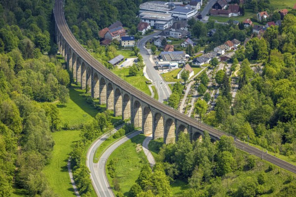 Aerial view, Altenbeken Viaduct, Adenauerstraße, railway viaduct bridge structure, also called Beke Viaduct or Great Viaduct, Altenbeken Cemetery and Kreuzkapelle Alter Kirchweg, Altenbeken, East Westphalia, North Rhine-Westphalia, Germany, railway viaduct, bridge structure, Beke Viaduct, Large viaduct, cemetery, cross chapel, Alter Kirchweg, architecture, history, infrastructure, transport, railway, landscape, building, bridge, sky, trees, top view, technology, engineering, travel, train, railway, culture, sight, panorama, nature, Altenbeken cemetery