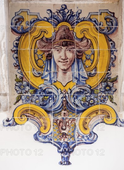 Painted tiles with female heads in Art Nouveau style, Azulejos, Lisbon, Lisbon, Portugal