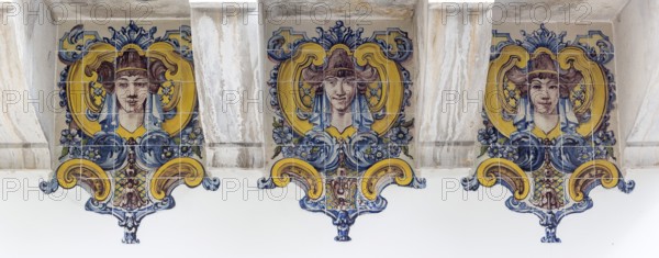 Painted tiles with female heads in Art Nouveau style, Azulejos, Lisbon, Lisbon, Portugal