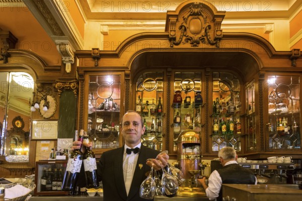 Waiter with wine bottles and glasses, waitress, Café Majestic, art nouveau cafe, tavern, restaurant, Oporto, Porto district, Portugal, Europe, aerial view, birds-eyes view, travel, travel photography