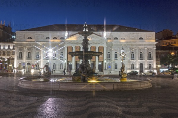 National Theatre D. Maria II, fountain, Praça do Rossio, paving stones in wave form, wave pattern, Lisbon, Lisbon district, Portugal