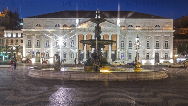 National Theatre D. Maria II, fountain, Praça do Rossio, paving stones in wave form, wave pattern, Lisbon, Lisbon district, Portugal