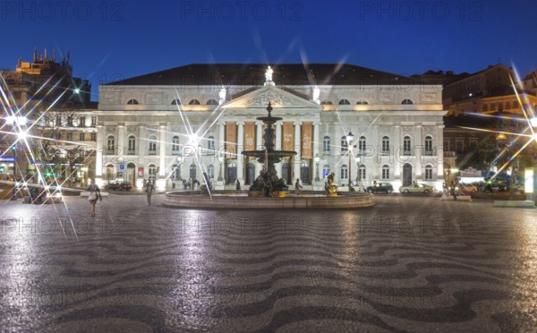 National Theatre D. Maria II, fountain, Praça do Rossio, paving stones in wave form, wave pattern, Lisbon, Lisbon district, Portugal