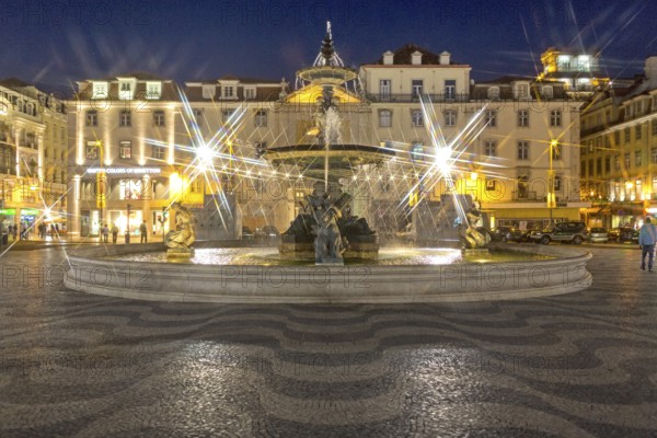 National Theatre D. Maria II, fountain, Praça do Rossio, paving stones in wave form, wave pattern, Lisbon, Lisbon district, Portugal