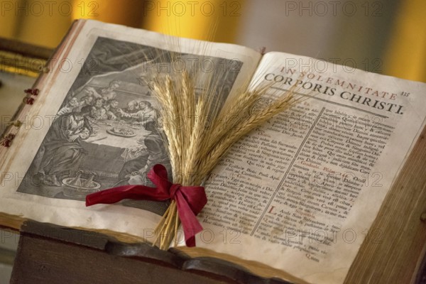 Illustrated Bible with grain jewellery, Latin Bible, Corporis Christi, Capela dos ossos parede, Chapel of the Bones, Bone Chapel, Ossuary in Évora, Evora, District of Évora, Portugal