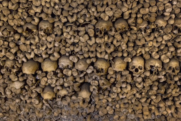 Piled bones in the ossuary, Capela dos ossos parede, chapel of bones, bone chapel, ossuary in Évora, Evora, district of Évora, Portugal