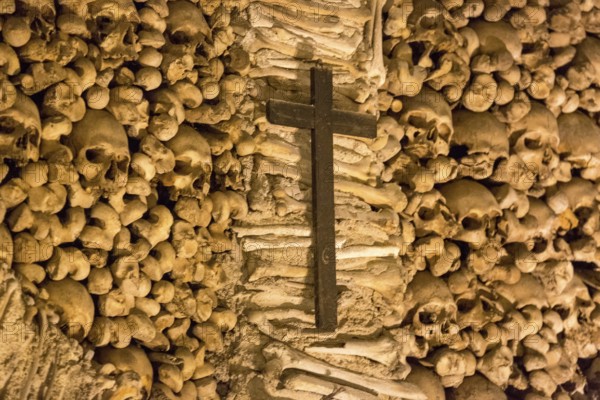 Piled bones in the ossuary, Capela dos ossos parede, chapel of bones, bone chapel, ossuary in Évora, Evora, district of Évora, Portugal