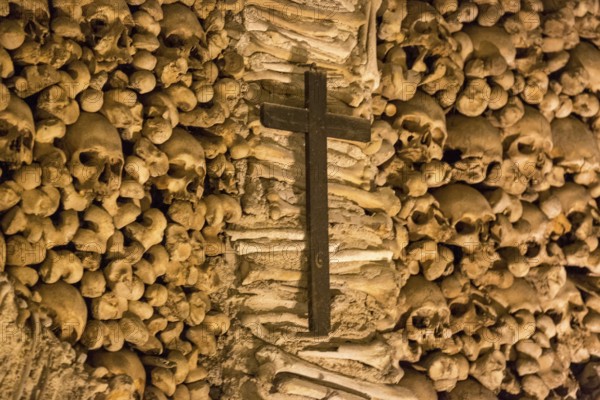 Piled bones in the ossuary, Capela dos ossos parede, chapel of bones, bone chapel, ossuary in Évora, Evora, district of Évora, Portugal
