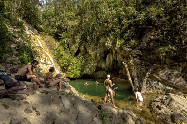 Small bathing lake in the Valle de los Ingenios with tourists, Trinidad, Cuba, Sancti Spíritus, Cuba, Villa Clara
