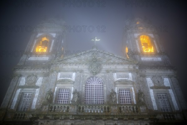 Bom Jesus do Monte, pilgrimage church of Braga in the evening fog, Braga, Braga district, Portugal, Europe, aerial view, birds-eyes view, travel, travel photography