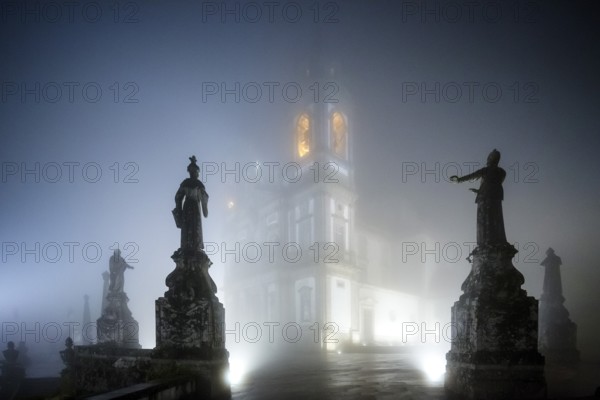 Bom Jesus do Monte, pilgrimage church of Braga in the evening fog, Braga, Braga district, Portugal, Europe, aerial view, birds-eyes view, travel, travel photography