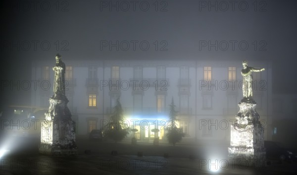 Bom Jesus do Monte Hotel next to the pilgrimage church of Braga in the evening fog, Braga, Braga district, Portugal, Europe, aerial view, birds-eyes view, Travel, Travel photography