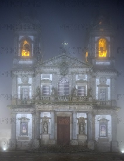 Bom Jesus do Monte, pilgrimage church of Braga in the evening fog, Braga, Braga district, Portugal, Europe, aerial view, birds-eyes view, travel, travel photography