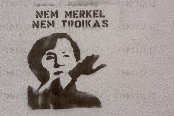 Protest Gafitti against Merkel and Troika with raised arm and Hitler salute, Political protest in the financial crisis, Braga, Braga district, Portugal, Europe, Aerial view, birds-eyes view, Travel, Travel photography