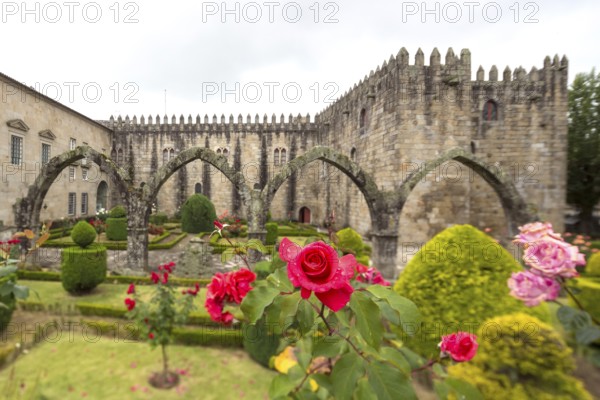 Jardim de Santa Barbara adjoins the crenellated façade of Antigo Paco Episcopal, former archbishop's palace, Braga, district of Braga, Portugal