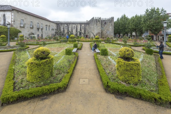 Jardim de Santa Barbara borders the crenellated facade of Antigo Paco Episcopal, former archiepiscopal palace, Braga, Braga district, Portugal, Europe, aerial view, birds-eyes view, Travel, Travel Photography