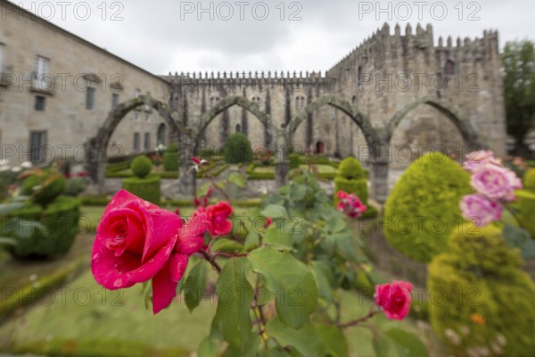 Jardim de Santa Barbara borders the crenellated facade of Antigo Paco Episcopal, former archiepiscopal palace, Braga, Braga district, Portugal, Europe, aerial view, birds-eyes view, Travel, Travel Photography