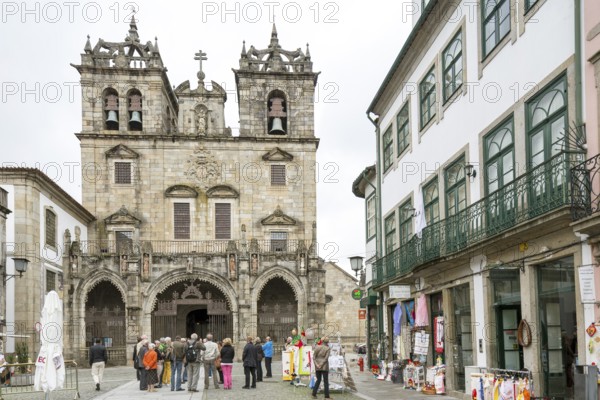 Facade of Braga Cathedral, Braga, Braga district, Portugal, Europe, aerial view, birds-eyes view, travel, travel photography