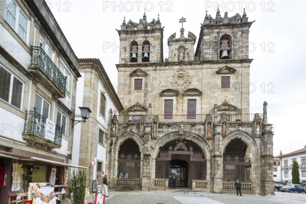 Facade of Braga Cathedral, Braga, Braga district, Portugal, Europe, aerial view, birds-eyes view, travel, travel photography