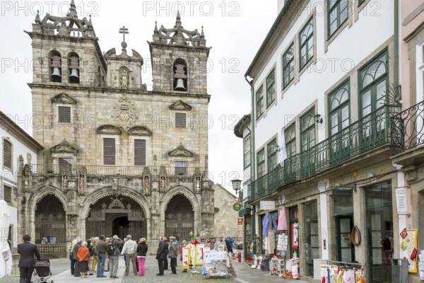 Facade of Braga Cathedral, Braga, Braga district, Portugal, Europe, aerial view, birds-eyes view, travel, travel photography
