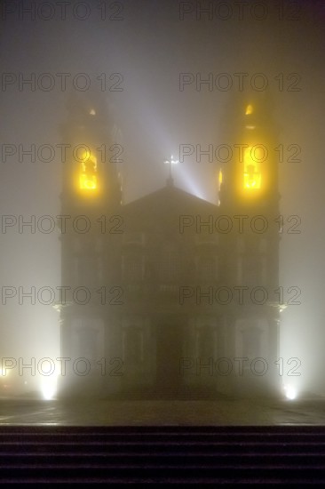 Bom Jesus do Monte, pilgrimage church of Braga in the evening fog, Braga, Braga district, Portugal, Europe, aerial view, birds-eyes view, travel, travel photography
