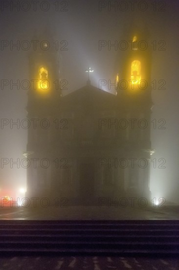 Bom Jesus do Monte, pilgrimage church of Braga in the evening fog, Braga, Braga district, Portugal, Europe, aerial view, birds-eyes view, travel, travel photography