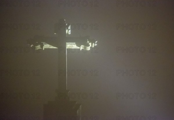 Cross of Bom Jesus do Monte, pilgrimage church of Braga in the evening fog, Braga, district of Braga, Portugal, Europe, aerial view, birds-eyes view, Travel, travel photography