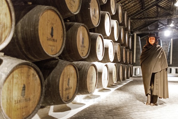 Classic tour guide with student dress, port wine barrels, wine cellar of the Sandemann winery in Gaia, Porto, Vila Nova de Gaia, Porto district, Portugal, Europe, aerial view, birds-eyes view, Travel, travel photography