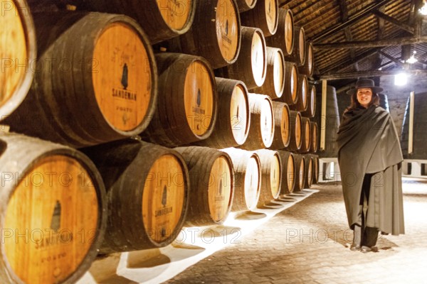 Classic travel guide with student robe, zorro hat and cape, port wine barrels, wine cellar of the Sandemann winery in Gaia, Porto, Vila Nova de Gaia, Porto district, Portugal, Europe, aerial view, birds-eyes view, Travel, travel photography