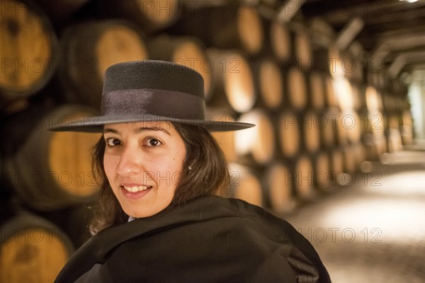 Classic travel guide with student robe, zorro hat and cape, port wine barrels, wine cellar of the Sandemann winery in Gaia, Porto, Vila Nova de Gaia, Porto district, Portugal, Europe, aerial view, birds-eyes view, Travel, travel photography