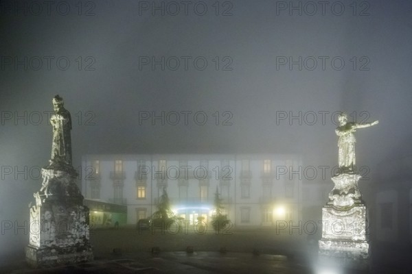 Bom Jesus do Monte Hotel next to the pilgrimage church of Braga in the evening fog, Braga, Braga district, Portugal, Europe, aerial view, birds-eyes view, Travel, Travel photography