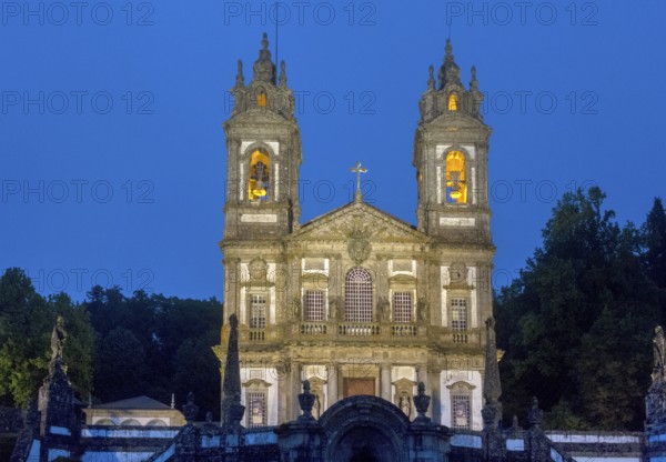 Bom Jesus do Monte, blue hour, night shot, pilgrimage church of Braga, Braga, Braga district, Portugal, Europe, aerial view, birds-eyes view, travel, travel photography