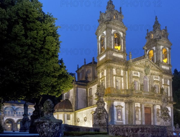 Bom Jesus do Monte, blue hour, night shot, pilgrimage church of Braga, Braga, Braga district, Portugal, Europe, aerial view, birds-eyes view, travel, travel photography
