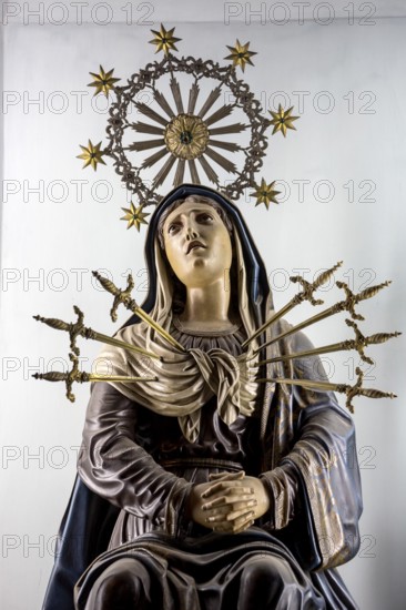 Statue of the Virgin Mary, Bom Jesus do Monte, pilgrimage church of Braga, Braga, Braga district, Portugal, Europe, aerial view, birds-eyes view, Travel, travel photography