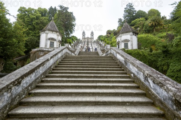 Stairway of the Five Senses, Bom Jesus do Monte, Pilgrimage Church of Braga, Braga, Braga District, Portugal, Europe, aerial view, birds-eyes view, Travel, Travel Photography