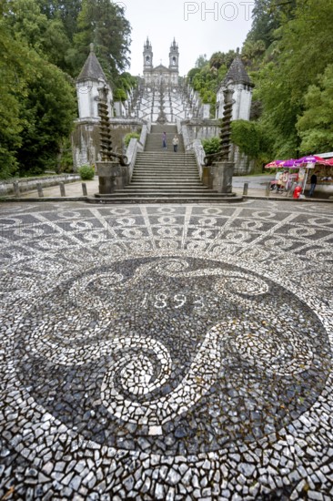 Stairway of the Five Senses, Bom Jesus do Monte, Pilgrimage Church of Braga, Braga, Braga District, Portugal, Europe, aerial view, birds-eyes view, Travel, Travel Photography