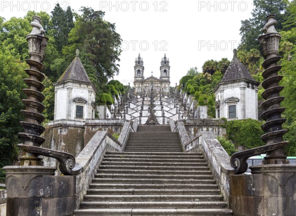 Stairway of the Five Senses, Bom Jesus do Monte, Pilgrimage Church of Braga, Braga, Braga District, Portugal, Europe, aerial view, birds-eyes view, Travel, Travel Photography