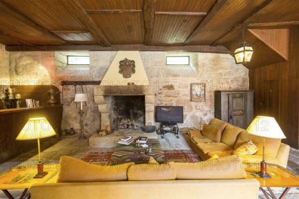 Fireplace room, Casa de Sezim, Grande Escolha winery in the Minho region, the garden of Portugal, Guimaraes, Braga district, Portugal, Europe, aerial view, birds-eyes view, travel, travel photography