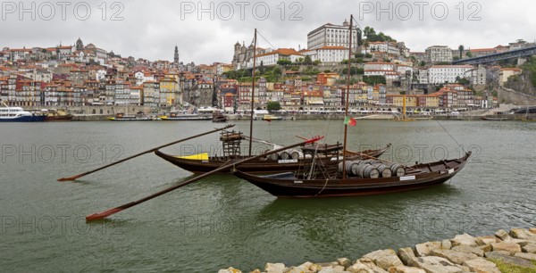 Historic wine transport ships on the Douro, colourful houses on the banks of the Douro in the Ribeira district, doors, Oporto, Porto district, Portugal, Europe, BlosseyPortugal, Vila Nova de Gaia, aerial view, birds-eyes view, Travel, travel photography